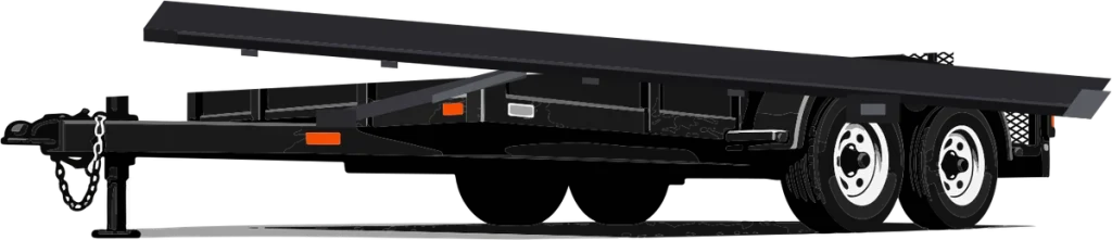 Hydraulic tilt deck trailer with the deck tilted down toward the ground