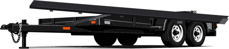 Hydraulic tilt deck trailer with the deck tilted down toward the ground